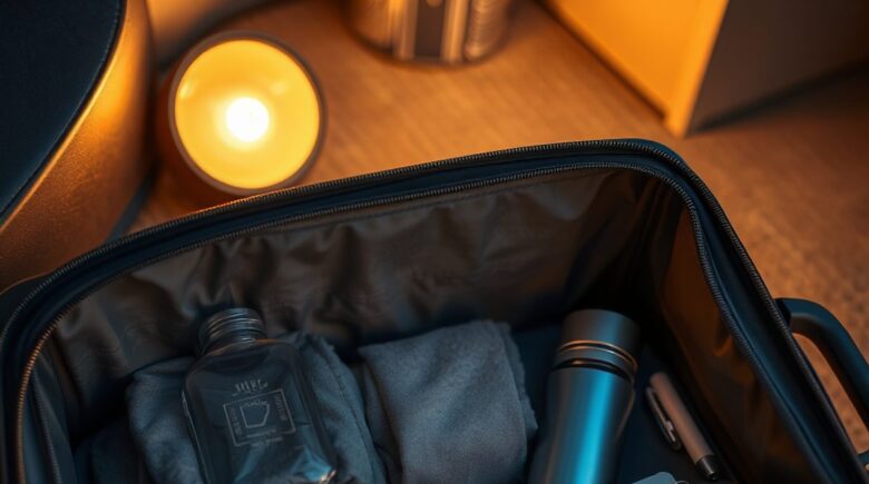 Open carry-on luggage packed with organized clothing, packing cubes, and travel tech
