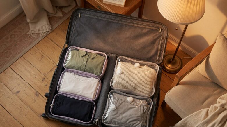 Comparison of packing cubes and compression bags with folded clothing stacked side by side