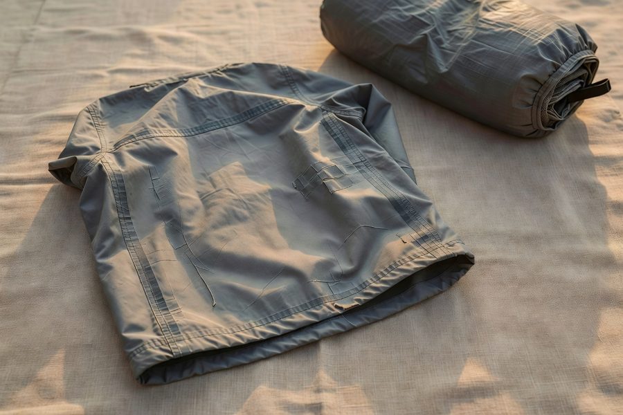 Rolling a shirt inside a packing cube to minimize wrinkles compared to flat compression.