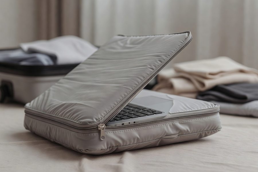 Tech organizing cube with cable loops and padded tablet slot beside a compression clothing cube.