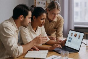 Team members securely accessing shared client login credentials through a password manager app on their devices