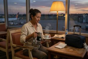 Woman using a portable espresso pump device at an airport gate to brew espresso
