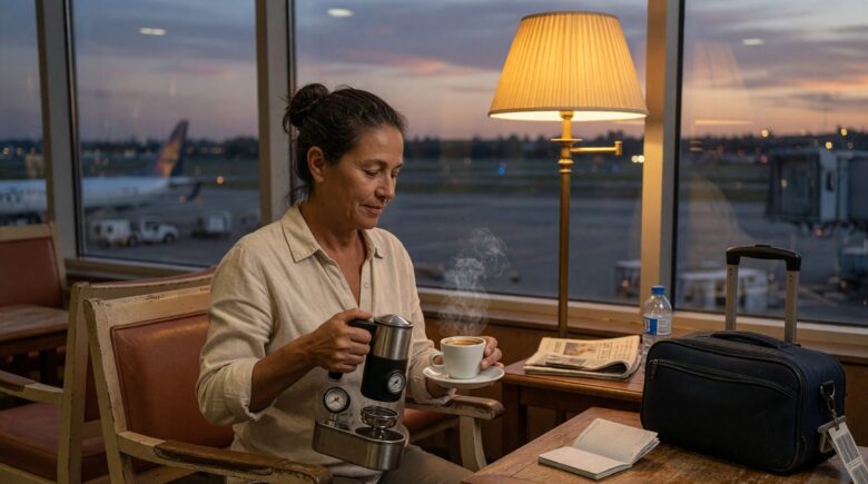 Woman using a portable espresso pump device at an airport gate to brew espresso