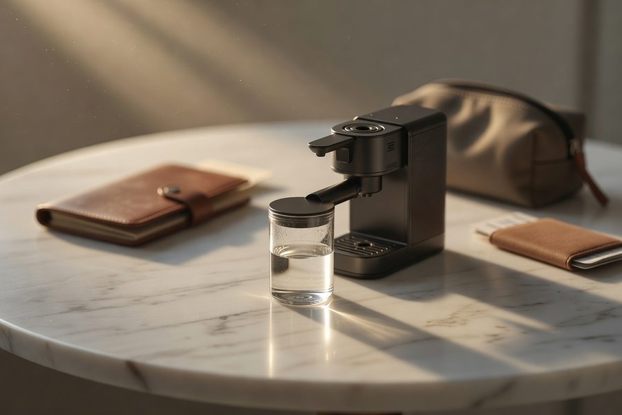 Side-by-side comparison of espresso shots from three portable gadgets on cafe table