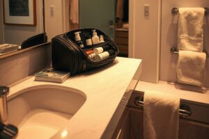A traveler packing a 10-inch carry-on with solid toiletries and reusable bottles