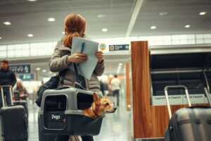 Small dog in a carrier on an airplane seat