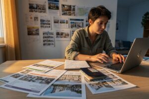 Remote worker at desk with laptop in affordable long-term rental apartment abroad