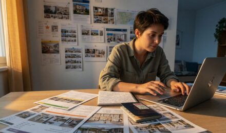 Remote worker at desk with laptop in affordable long-term rental apartment abroad