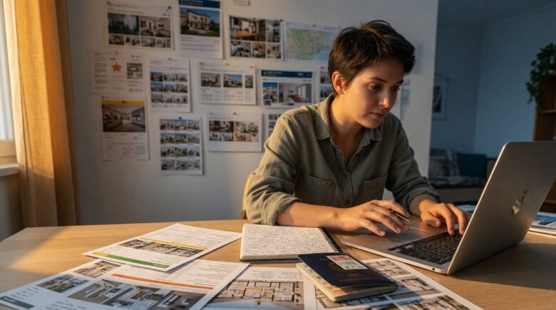 Remote worker at desk with laptop in affordable long-term rental apartment abroad