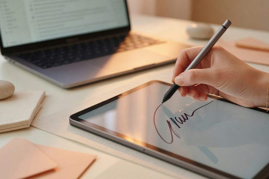 E-signature interface with a blockchain timestamp verification badge.