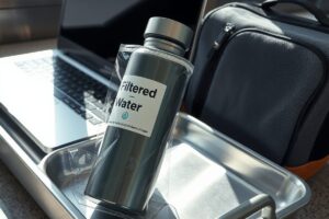 Grayl GeoPress filter water bottle next to airplane window seat