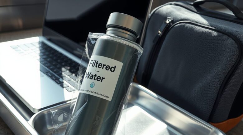 Grayl GeoPress filter water bottle next to airplane window seat