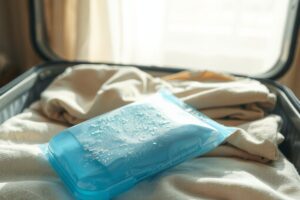 Frozen reusable ice pack packed in center of carry-on bag surrounded by clothing insulation