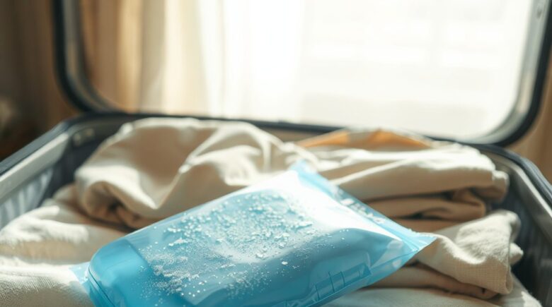 Frozen reusable ice pack packed in center of carry-on bag surrounded by clothing insulation