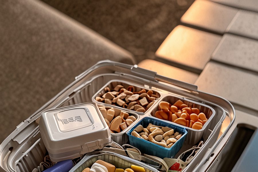 A traveler managing their reusable food container alongside electronics in a carry-on bag.
