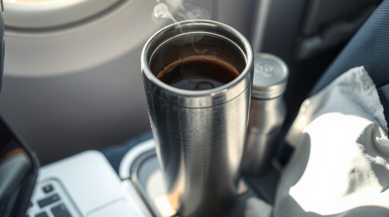 Self-heating travel mug being used during a flight with a coffee inside