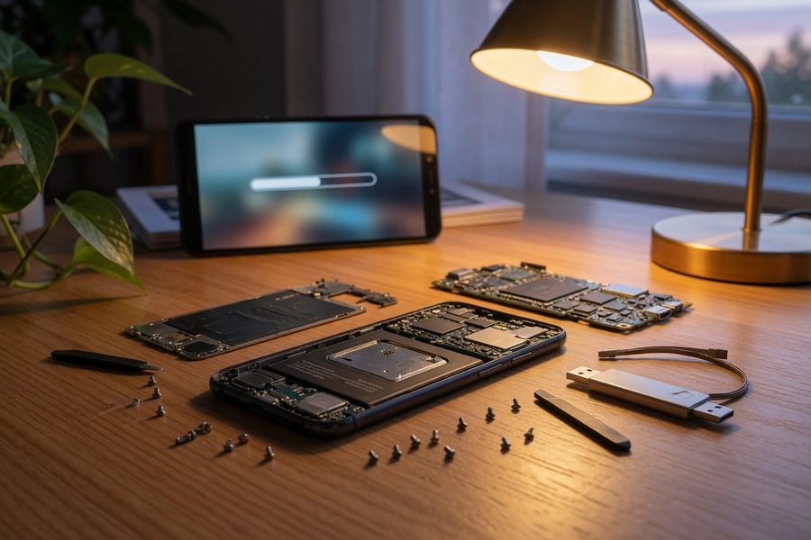 Old smartphones and laptops piled up, ready for responsible disposal
