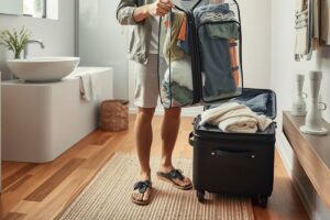 Traveler using a laundry bag to sort clothes during a trip