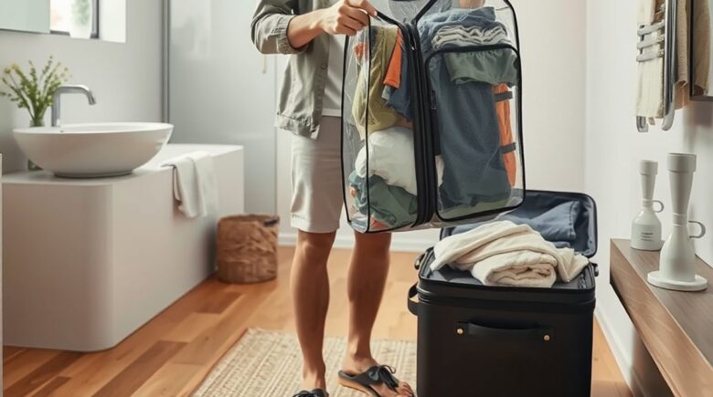 Traveler using a laundry bag to sort clothes during a trip