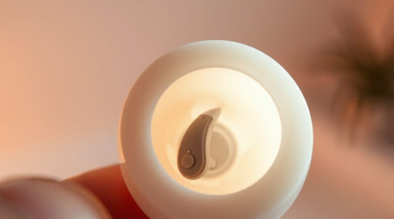 Moldable silicone ear plug putty next to a behind-the-ear hearing aid on an airplane seat