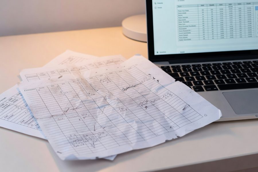 A small business owner reviewing budgeting app dashboards on a laptop with coffee.