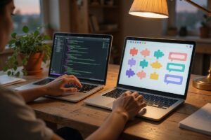 Small business owner using a no-code chatbot builder platform on a laptop to create a customer service chatbot