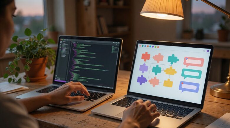 Small business owner using a no-code chatbot builder platform on a laptop to create a customer service chatbot