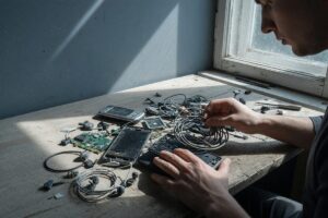 Collection of discarded small electronics including phones, cables, keyboards, and wearables ready for recycling