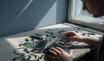 Collection of discarded small electronics including phones, cables, keyboards, and wearables ready for recycling
