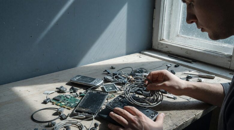 Collection of discarded small electronics including phones, cables, keyboards, and wearables ready for recycling
