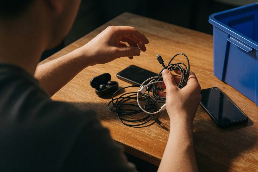 A person dropping off small electronics at a municipal recycling center