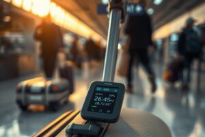 Close-up of a smart luggage tag with GPS capability mounted on a piece of luggage, showing battery indicator and tracking features