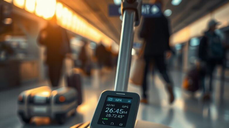 Close-up of a smart luggage tag with GPS capability mounted on a piece of luggage, showing battery indicator and tracking features