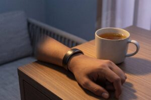 Person wearing a smart ring while checking daily activity data on their wrist