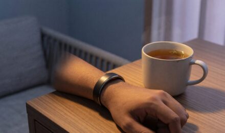Person wearing a smart ring while checking daily activity data on their wrist