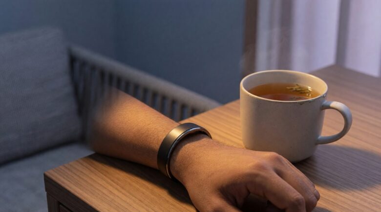 Person wearing a smart ring while checking daily activity data on their wrist