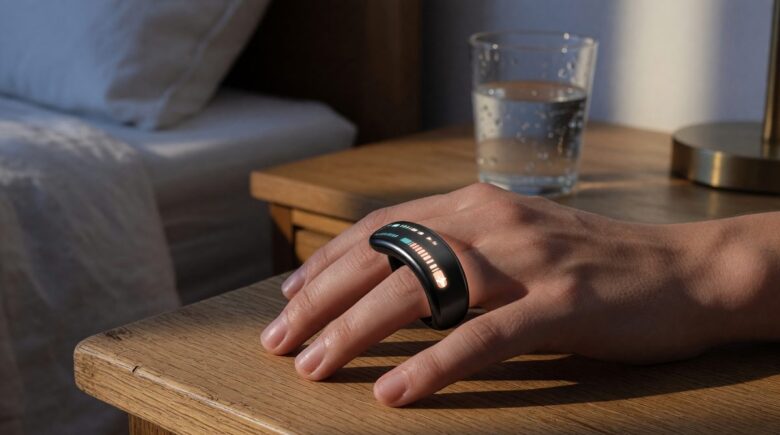 Woman wearing a black smart ring checking health data on her phone