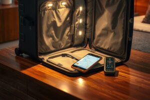 Collection of smart travel technology including GPS-tracked luggage, electronic bag tags, AI packing app on smartphone, and connected wearables for travelers