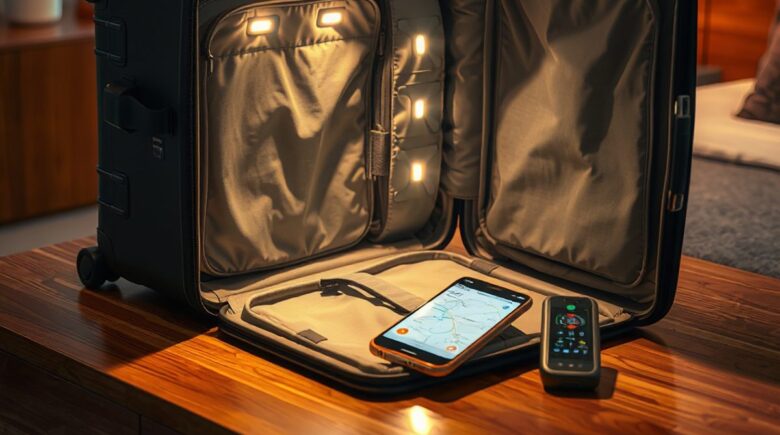 Collection of smart travel technology including GPS-tracked luggage, electronic bag tags, AI packing app on smartphone, and connected wearables for travelers