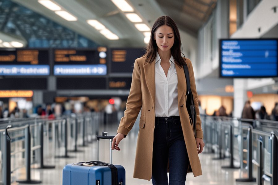 Self-following smart suitcase navigating a busy airport terminal