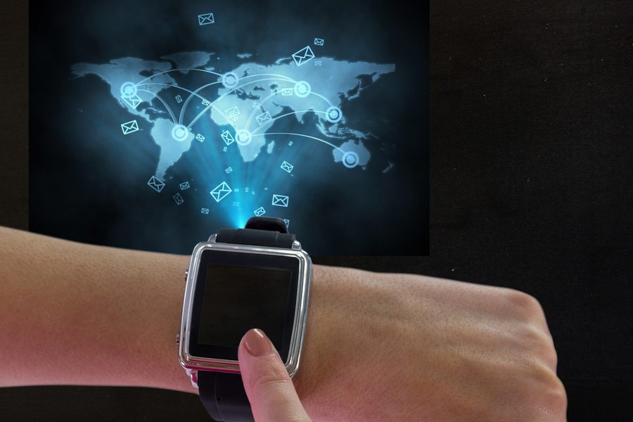 Smartwatch displaying a gate change alert from Flighty app