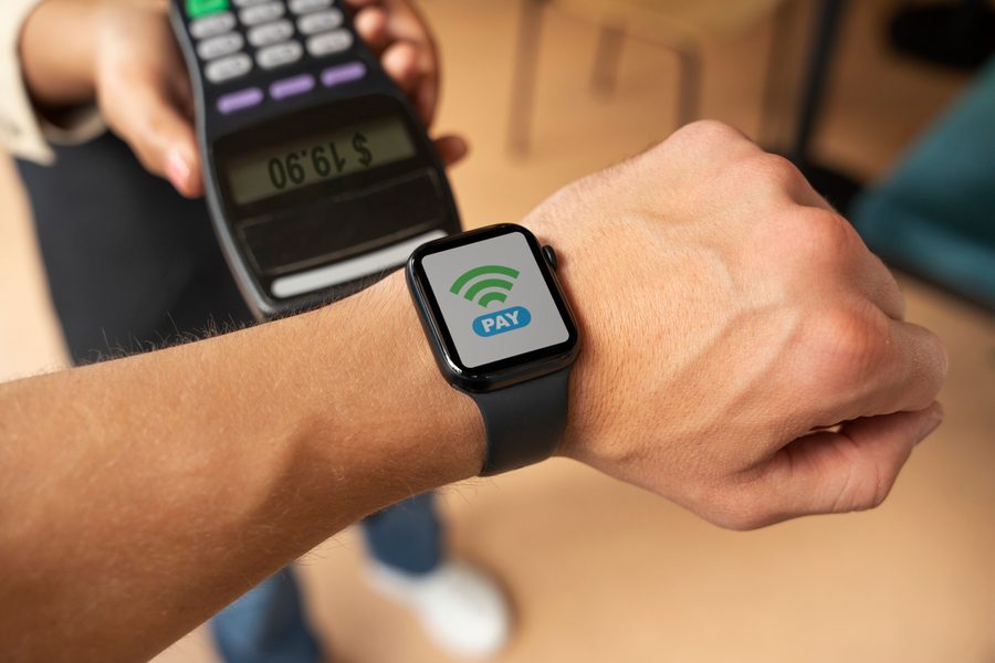 Flighty app showing real-time delay prediction and rebooking option on Apple Watch