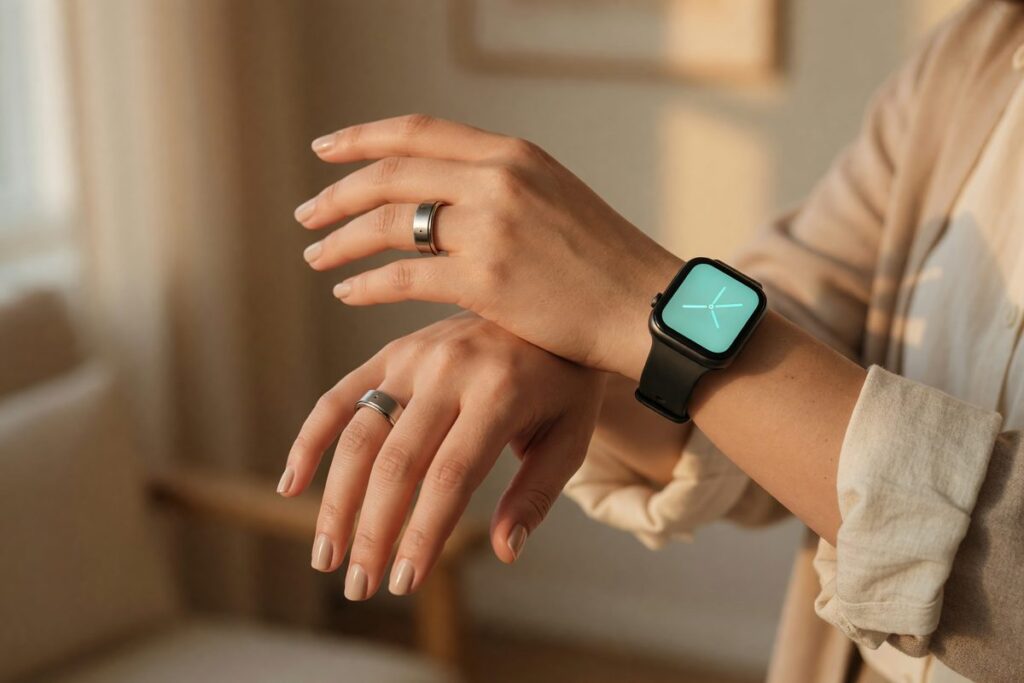 Side-by-side comparison of a smartwatch and smart ring on a wrist