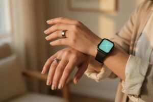 Side-by-side comparison of a smartwatch and smart ring on a wrist