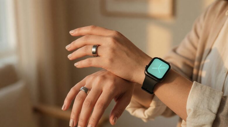 Side-by-side comparison of a smartwatch and smart ring on a wrist