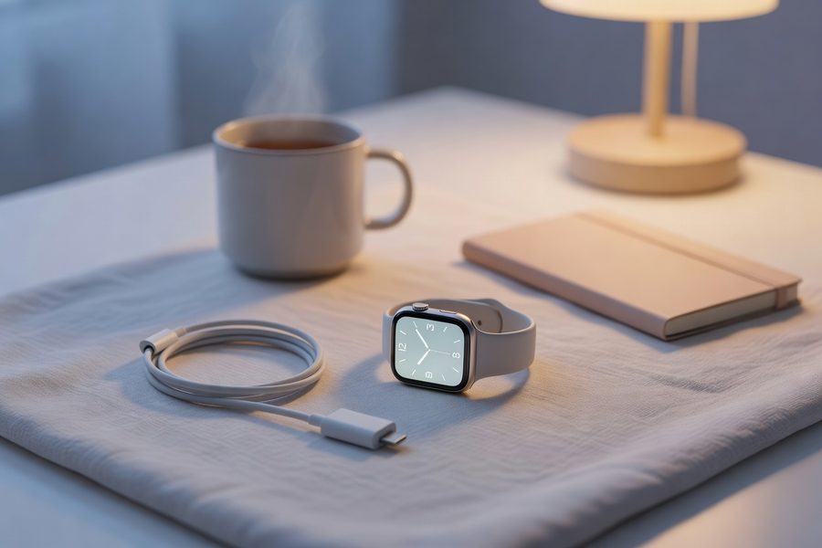 Smart ring charging cable next to a smartwatch charger, weekly time comparison