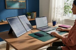 Solar-powered keyboard and desk gadgets charging from ambient light on a home office desk