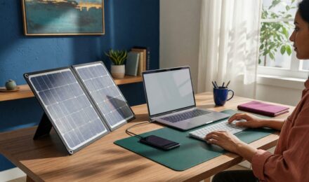 Solar-powered keyboard and desk gadgets charging from ambient light on a home office desk