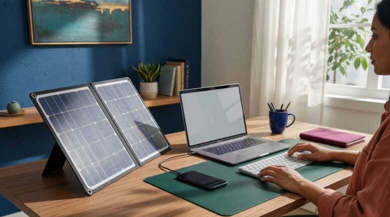 Solar-powered keyboard and desk gadgets charging from ambient light on a home office desk