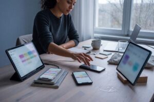 Solo content creator at desk comparing social media scheduling apps on laptop screen